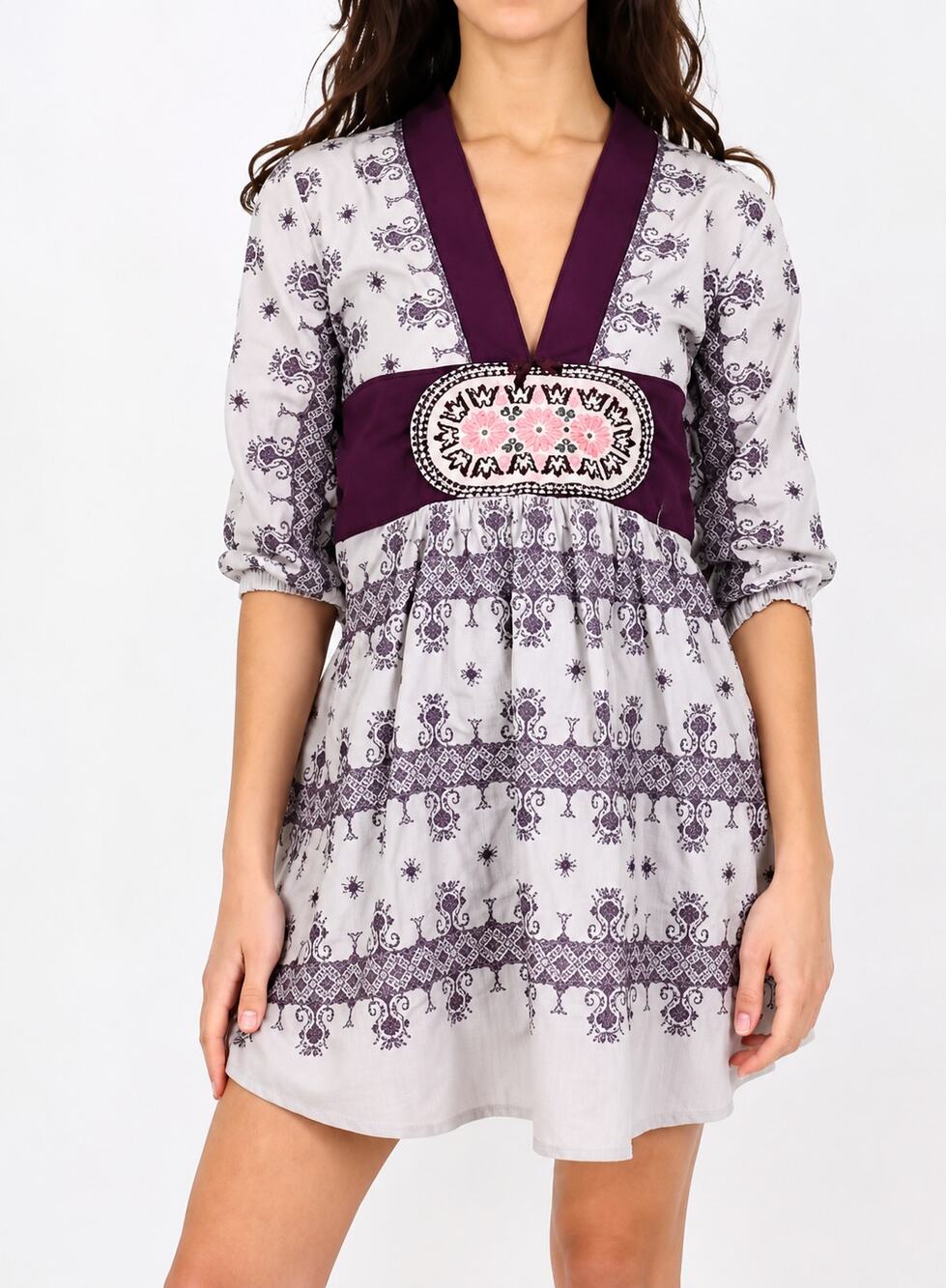 Odd Molly Anthro Tunic Dress 2 Medium Purple Mini Cross Stitch Embroidered Boho